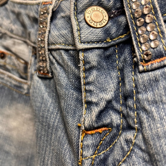 “BEBE” LIGHT BLUE JEANS/SIZE 26US TALL/RHINESTONE LOGO BACK AND FRONT/DISTRESSED - Picture 6 of 13